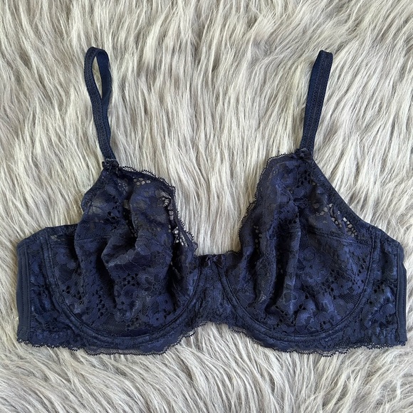 Adored By Adore Me Womens Size 38D Blue Sheer Floral Lace Unlined Underwire - Picture 1 of 7
